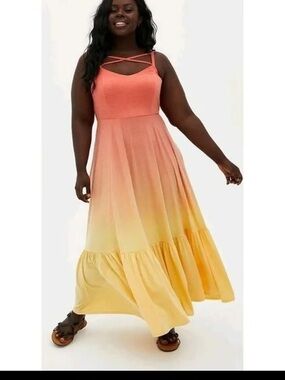 Torrid Super Soft Jersey Tiered Dip Dye Maxi Dress, Coral and Yellow - Size 3